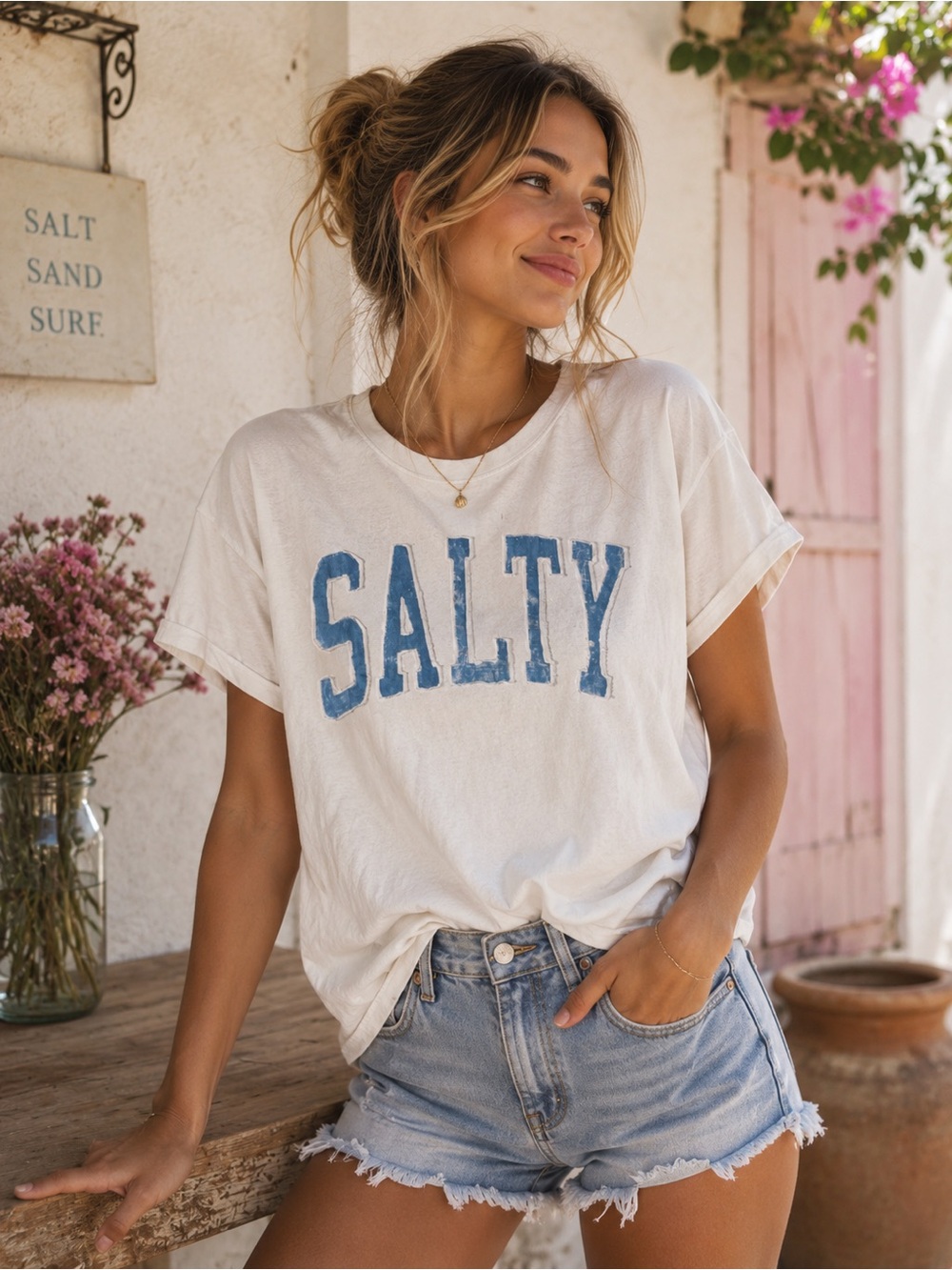 Wishlist Salty Graphic Tee - Cotton, White with Blue Lettering